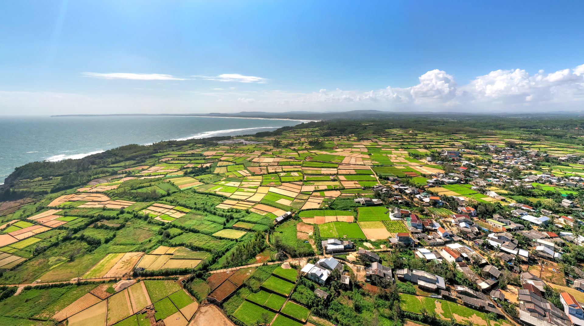Aerial view of coastline and fields